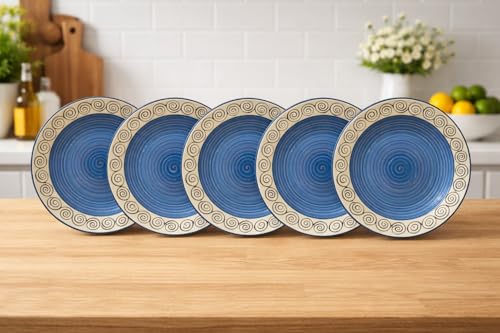 Image of Ceramic Plate Set,10 inches - Set of 6 Large Size Dinner Plate for Snacks, Appetizers etc. Handmade Stoneware Dinner Plate (Blue) (Blue Doodle)