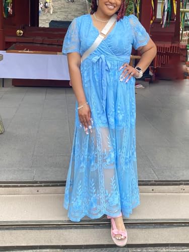 Image of LRTSES Womens Wrap V Neck Floral Embroidered Lace Maxi Dress Short Sleeve Belted Bridesmaid Wedding Guest Dress Light Blue