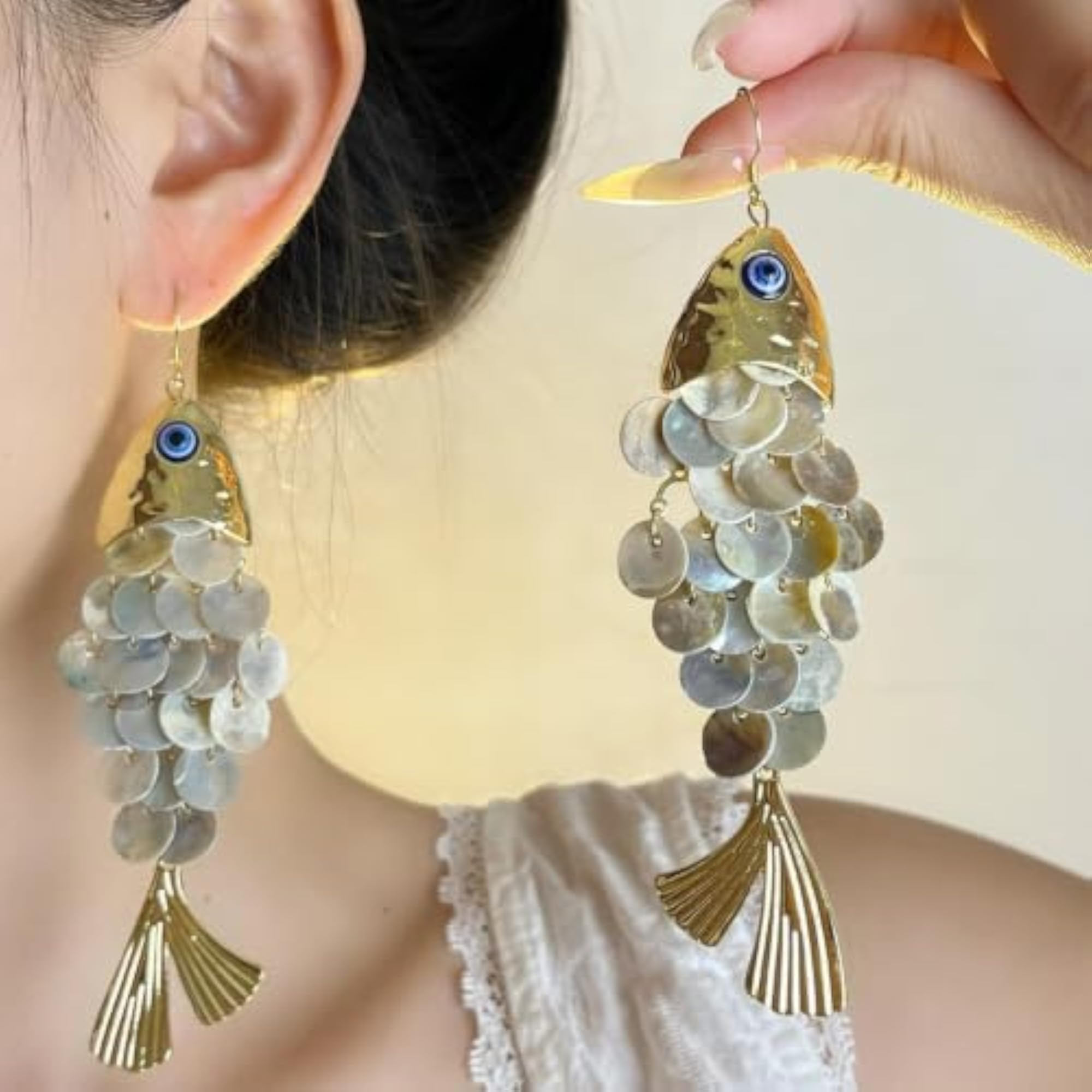 2 Pcs Beach Earrings Set for Women, Gold Statement Fish Drop Earrings