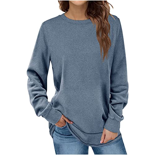 FOCLMP Women Trendy Long Sleeve Shirts Tops Solid Color Crewneck Sweatshirt Baggy Tunics Blouses Fall Fashion Clothing 2024 Baggy Sweatshirts for Teen Girls Blue 2X