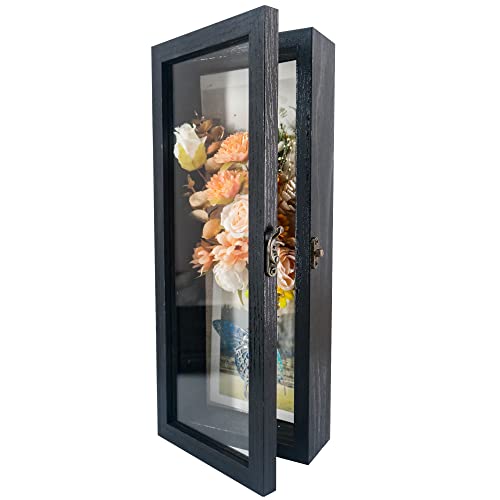 GraduationMall 5x12.5 Wood Shadow Box Frame Glass Door Display Case with Linen Back and 6 Stick Pins,1.5 inches Interior Depth,Ideal for Memorabilia Pictures Flowers Medals Tickets Rustic Black