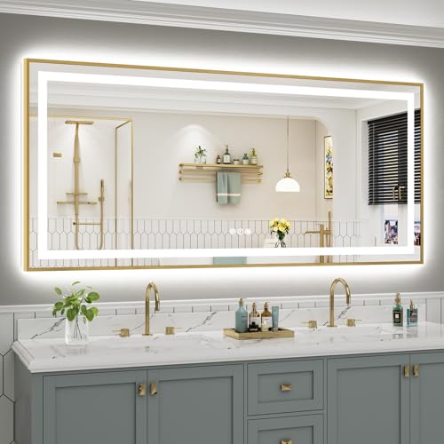 Image of 77x36 Inch LED Bathroom Mirror with Gold Frame, Backlit & Front Lit, Anti-Fog Lighted Bathroom Vanity Mirror for Wall, Memory Function, Dimmable, HD Tempered Glass, Shatter-Proof