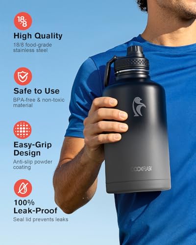 Image of Coolflask Half Gallon Water Bottle Insulated with Straw & 3 Leakproof Lids
