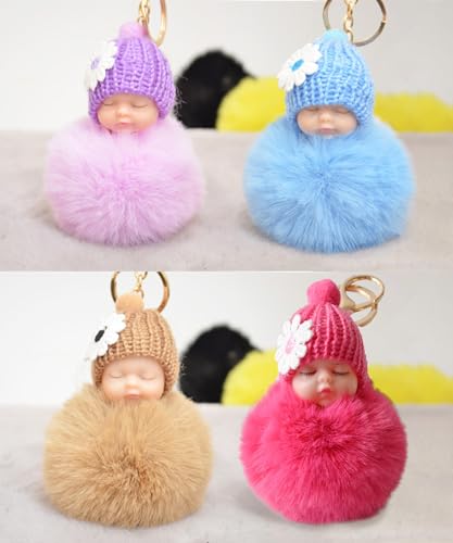 Select Zone Schlüsselanhänger Bommel 4 pcs Schlafende Babypuppe Keychain Plüsch Anhänger Mini Baby Puppe Keychain | Handtasche Anhänger | Flauschige Auto
