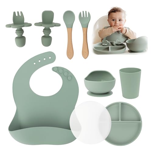 Image of Yunioo Extra Heavy Silicone Baby Feeding Set Essentials, Premium 9-Piece Set of Baby Led Weaning Supplies with Silicone Baby Plate with Lid, Superior Suction Bowl and Baby Utensils - Green