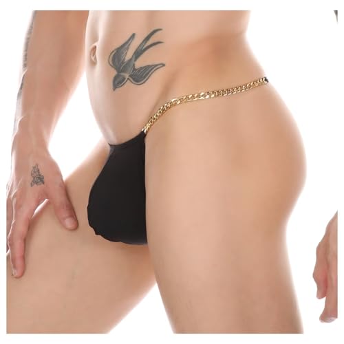 Men's Metal Chain G-String Underwear Ice Silk Thong with Hollow Out Design Low-Rise for All Seasons