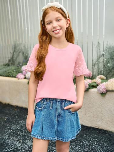 Image of Haloumoning Girls Lace Short Sleeve T Shirts Kids Summer Crewneck Tunic Tops Curved Hem 5-14 Years
