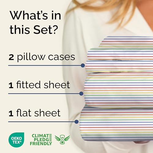 Image of Full 4 Piece Striped Sheet Set - Breathable & Cooling - Rainbow Stripe