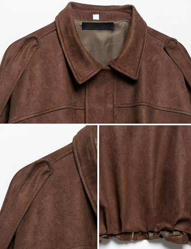 Women's Suede Bomber Jackets Casual Overasized Batwing Sleeve Pleated Elastic Hem Coats Streetwear(Coffee-M)3