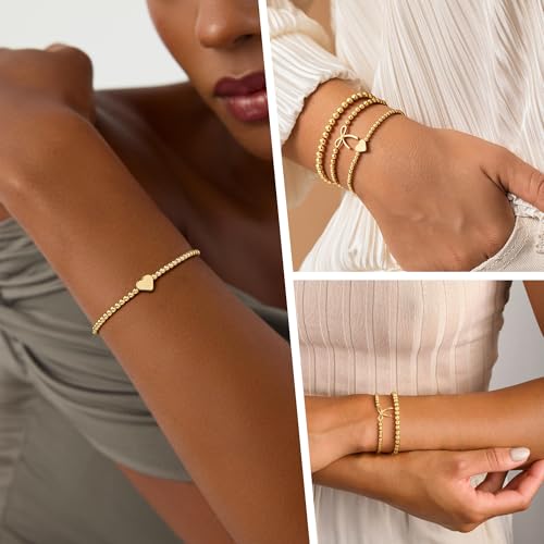 Turandoss Gold Beaded Bracelets for Women Teen Girls - Dainty 14K Gold Plated Bow Beaded Stretch Bracelets Stackable Bow Cross Heart Wave CZ Bracelet Trendy Jewelry Gifts for Women Teen Girls - Image 5