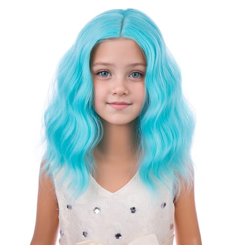 Image of PATTNIUM Teal Blue Wig for Kids Girls Short Blue Wavy Curly Wigs Child Bob Side Part Wig Synthetic Cosplay Party Halloween Wigs