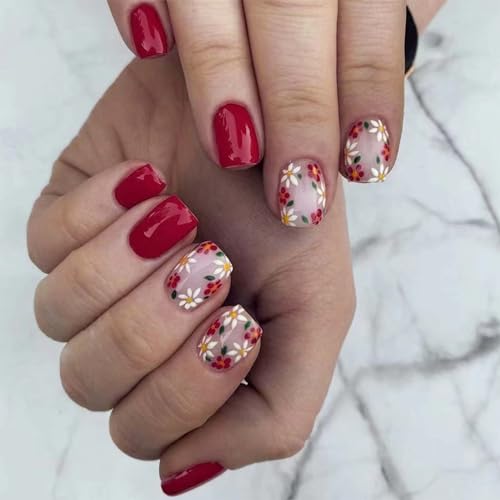Image of Red Press on Nails Short Square Fake Nails Flower False Nails with Design Colorful Floral Stick on Nails Full Cover Glossy Acrylic Nails with Nail Glue Cute Artificial Nails for Women Manicure 24Pcs