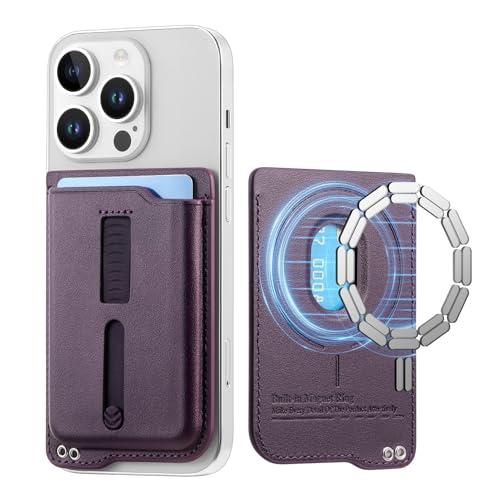 Micoden Compatible with MagSafe Wallet, 3 Card Holder with Secure Grip, Finger Loop Slim Vegan Leather Magnetic Wallet for iPhone 16/15/14/13/12, Not for Mini, Not Find My Compatible, Purple