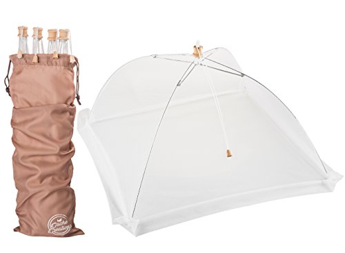 Food Cover Tents with Wooden Accents (4 Pack) | Fine Mesh Screen Net Outdoor Protector | Keep Out Flies, Bugs, Mosquitoes at Picnics, Barbecues, Parties | Pop Up, Collapsible, and Reusable Umbrellas