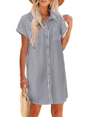 Image of Zeagoo Summer Dresses for Women 2025 Cotton Button Down Short Sleeve Tshirt Dresses Casual Mini Beach Dress