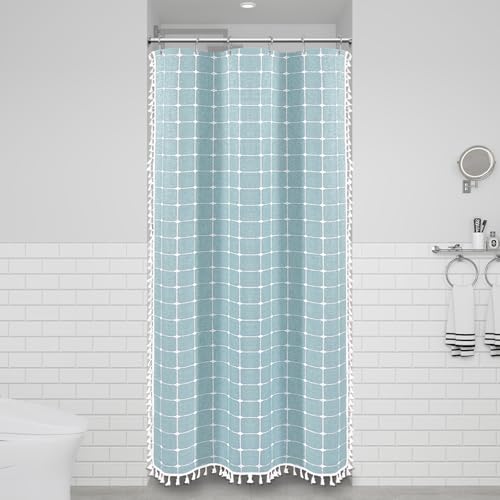 Image of BTTN Boho Shower Stall Curtain - 36x72 Narrow Linen Ultra Thick Tassel Fabric Cloth Shower Curtain Set with 6 Plastic Hooks, Half Small Modern Farmhouse Country Shower Curtains for Bathroom, Fog Blue