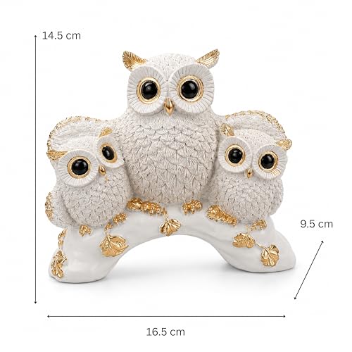 Image of Amazon Basics Charming Owl Family Figurine for Home & Office Decor | Artistic Ceramic Owl Showpiece for Living Room, Shelf, Study Table & Entrance Styling (White & Gold)