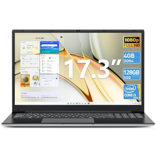 Laptop, 17.3 Inch Laptops Computer, 4GB DDR3 128GB SSD Notebook with Celeron i3-5005U CPU(up to 2.0 GHz), Expandable 1TB, 8000mAh, Webcam, Mini HDMI, USB3.2 * 2, Type-C(Slim)