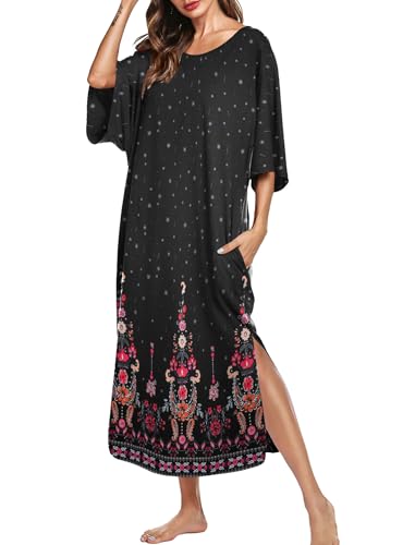 Image of Ekouaer Women's Nightgown Short Sleeve Sleepshirt Long Loungewear Casual Maxi Lounge Dress House Dresses with Pockets