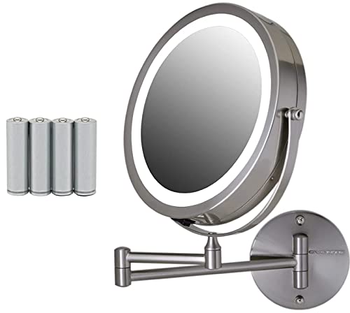 Image of OVENTE Wall Mounted Lighted Makeup Mirror, 9 inch Double Sided 1X /7X Magnifying Vanity Mirror for Bathroom with LED Lights, Cordless, 360 Rotation and 13 inch Extendable Arm, Nickel Brushed MFW85BR1X7X