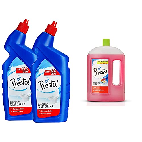 Image of Amazon Brand - Presto! Toilet Cleaner - 1 L (Pack of 2) & Amazon Brand - Presto! Disinfectant Floor Cleaner Floral, 2 L