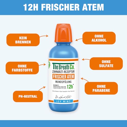 The Breath Co. Mundspülung (500ml), Zahnfleischpflege für bis zu 12 Stunden Frischer Atem, Antibakterielles Mundwasser für Zahnpflege gegen Mundgeruch, Alkoholfrei, Eis Minze