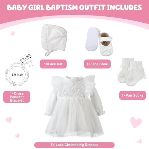 5 Pcs Baby Girl Baptism Outfit Includes Baby Girl Christening Dress Baptism Bonnet Shoes Socks Cross Bracelet2