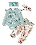 SUNNY PIGGY Baby Girl Clothes Newborn Outfit Infant Winter Fall One Piece Set Letter Print Flower Pants Set Long Sleeve Romper Baby Girl's Clothing with Headband 3-6 Months Green 4PCS