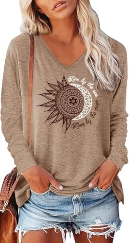 Teesho Damen Tshirt Langarm V Ausschnitt Oberteile Basic Shirts Casual Longshirt Drucken Pullover Herbst Tops Tunika（Braun/XL
