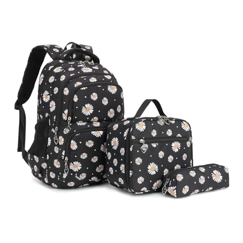 Girls Backpack for School Backpack with Lunch Box Pencil Case Set, 3-in-1 Lightweight Water Resistant School Bag for Kids Elementary Teen Bookbag (Daisy Black)