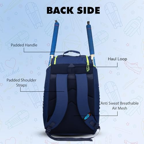 Image of WHACKK Crowe 60L Unisex Navy Cricket Kit Bag Backpack | Youth Size | 2 Bat | Shoe /Helmet Pocket | Main Compartment 14.75 inch Leg Pad | Bottle Holder | Easy Access Pocket | Player Edition Youth