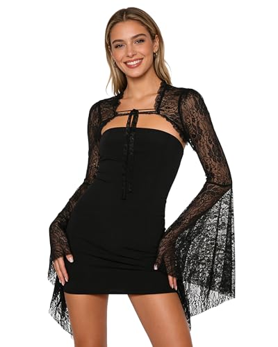 Image of Women Long Sleeve Lace Bolero Shrug Open Front Cropped Cardigan High Neck Sweatshirts