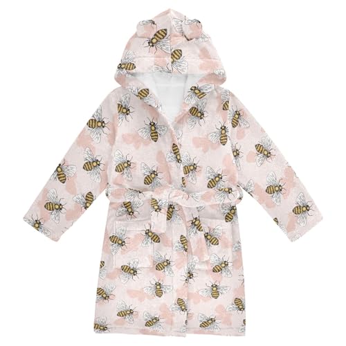 WIFIU Toddler Baby Hooded Bathrobe for Boys Girls Cute Summer Honey Bees Insect Printed, Soft Plush Bath Towel Robe with 2 Pockets for 4-6 Years