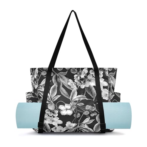 Lxqimora Flowers Fruits Retro Black Yoga Mat Bag for Women Water-Resistant Gym Bag with Yoga Mat Holder Tote Bag for Travel Gym Yoga Mat