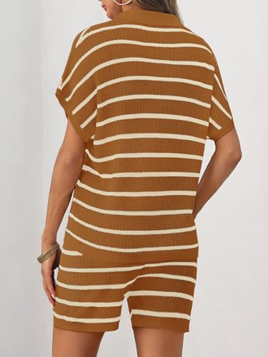 Image of Tankaneo Womens 2 Piece Outfits Striped Knit Summer Sets V Neck Short Sleeve Tops and Shorts Lounge Matching Set