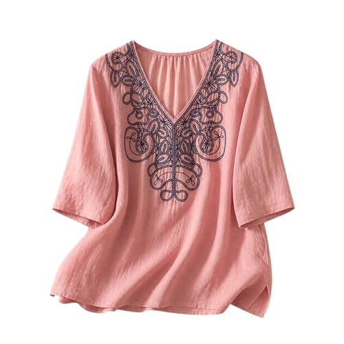 Image of RIEKA Womens Tunic Top with Floral Embroidery V Neck 3 /4 Sleeve Relaxed Fit Casual Ethnic Fusion Top Lightweight Sheer Fabric Everyday Wear for Women