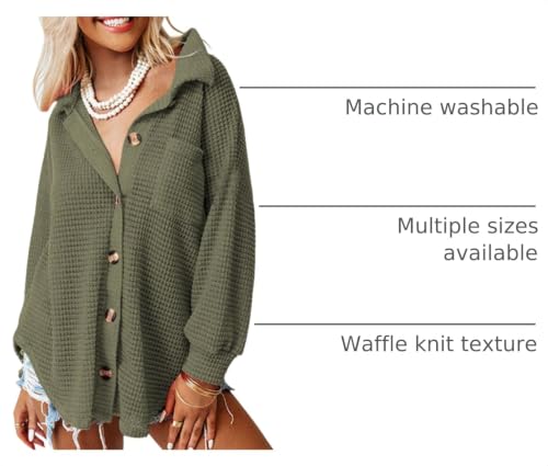 Image of Dokotoo Womens Waffle Knit Shacket Jacket Casual Button Down Shirts Tops | Long Sleeve,Loose Fit,Boyfriend Style,Collared V Neck,Fall Cardiga,Outwear with Pockets