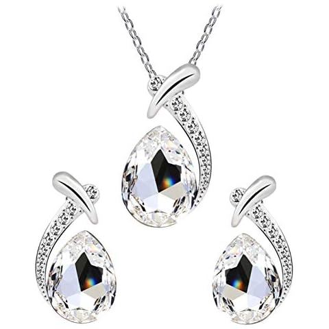 AchidistviQ Women's Necklaces and Pendants Earrings Rings Sets Faux Crystal Waterdrop Dangle Earring Necklace for Wedding Birthday Jewelry Gifts- White Cover