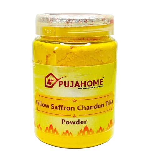 Image of Yellow Saffron Chandan Tika Powder - 100 Gram | Safe for Skin | Long-Lasting Fragrance | Ideal for Daily Pooja, Tilak Religious, Hawan Spiritual & Traditional Use