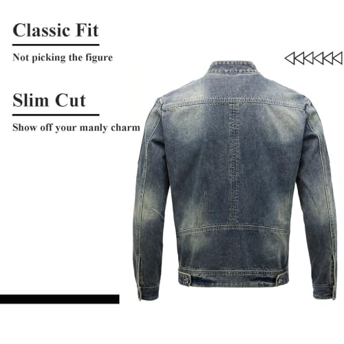 Image of Men's Denim Jacket Vintage-Inspired Jean Jacket with Multiple Pockets - Cotton Blend, Machine Washable