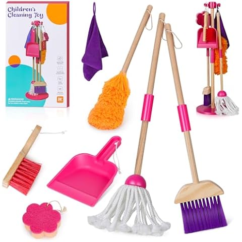 Masthome 8 Pieces Kids Cleaning Set,Wooden Cleaning Toys for Kids Broom Dustpan Mop Brush Duster Rag Sponge and Hanging Stand,Skill Developmental Pretend Play Kit for Toddlers,Children Cover