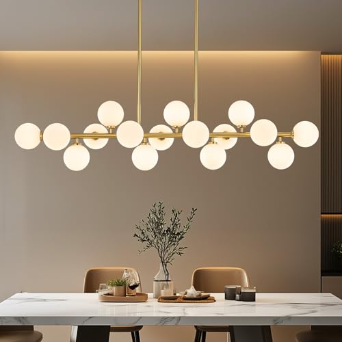 PiWWPi 55" Long Brass Gold Chandeliers for Dining Room Kitchen Island, Large Globe Sputnik Linear Chandelier, 16 Lights Mid Century Modern Light Fixture Over Table, Milk White Bubble, GC-08 by PiWWPi - Used condition - Image 2