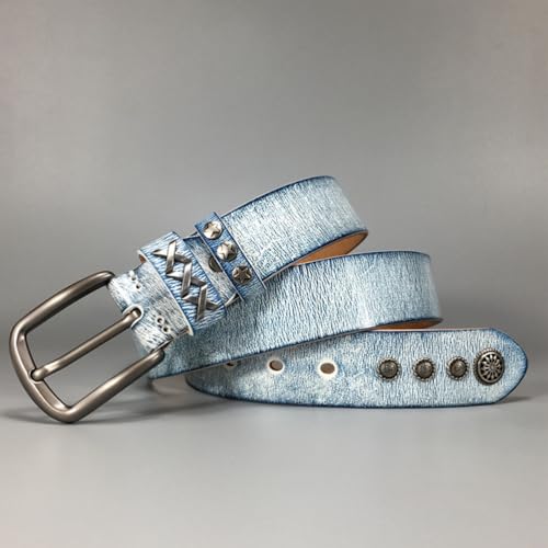 Western Genuine Leather Belt for Men Women Vintage Studded Belt for Jeans Pant Retro Belt Men,Vintage Blue,105CM/41.3''2