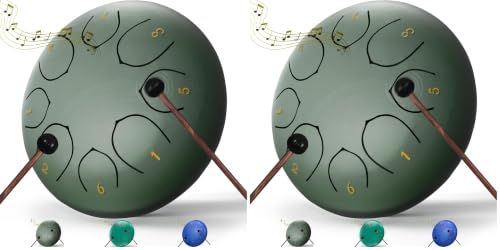 Image of Rain Drum for Outside Garden, 6 Inches 8 Notes Steel Tongue Chakra Drums, Waterproof Meditation Rain Chime, Musical Instruments for Adult Gift with Bag, Music Book, Drum Mallets (Green) (Pack of 2)