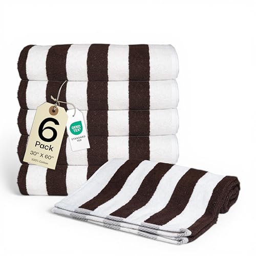 Salt Earth Cotton Striped Beach Cabana Towel 6 Pack - 30x60 Quick Dry Towels Pool Essentials Travel Gym & Bathroom Towels Oversized Beach Vacation EssentialsCoffee Brown