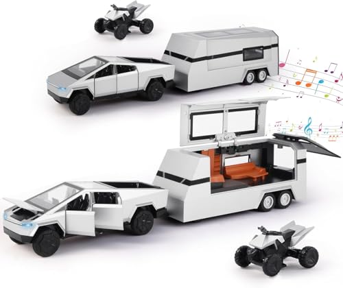 Image of 1:32 Scale Die-Cast Tesla CyberTruck with Pick-Up Trailer with 6 Openable Doors Pull Back Toy Car with Lights & MusicToy Car Gift for Kids (1:32 Cybertruck Trailer - Silver)