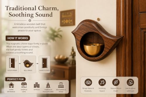 Image of Wooden Door Bell with Brass Bowl | Magnetic Door Chime Bell | Shopkeepers Doorbell for Door Opening | Decorative Magnetic Chime | Ideal for Home, Shop & Housewarming Gift - Bird Shape