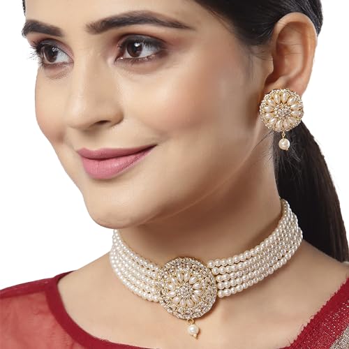 American Diamond Pearl Choker Necklace Set with Earrings