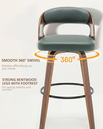 Image of AQG Swivel Bar stools Set of 1 Bar Chairs 30 inch Counter Height Mid-Century Modern Bentwood Barstool PU Leather Upholstered Bar Chair with Back and Footrest, for Bar, Cafe, Dining, Kitchen Island, Green