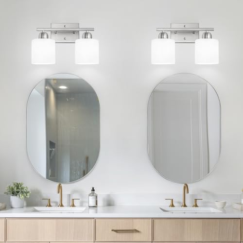 Image of Brushed Nickel Bathroom Light, Anti-Rust Finish 2 Light Bathroom Vanity Light Brushed Nickel, Milky White Frosted Glass Shades, E26 Socket